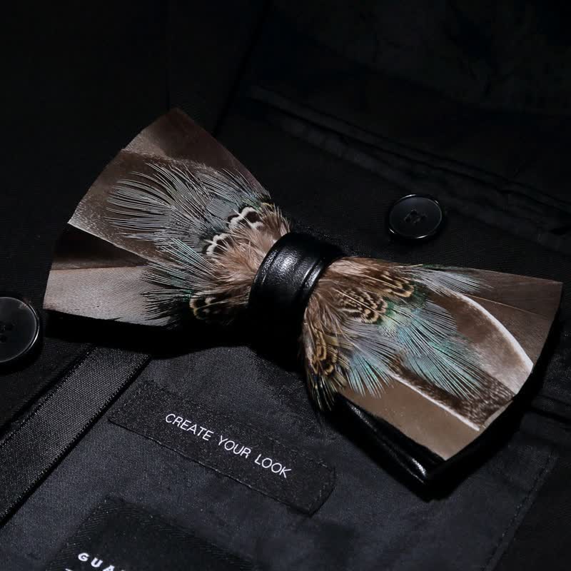 Brown Rustic Feather Bow Tie with Lapel Pin - Image 2