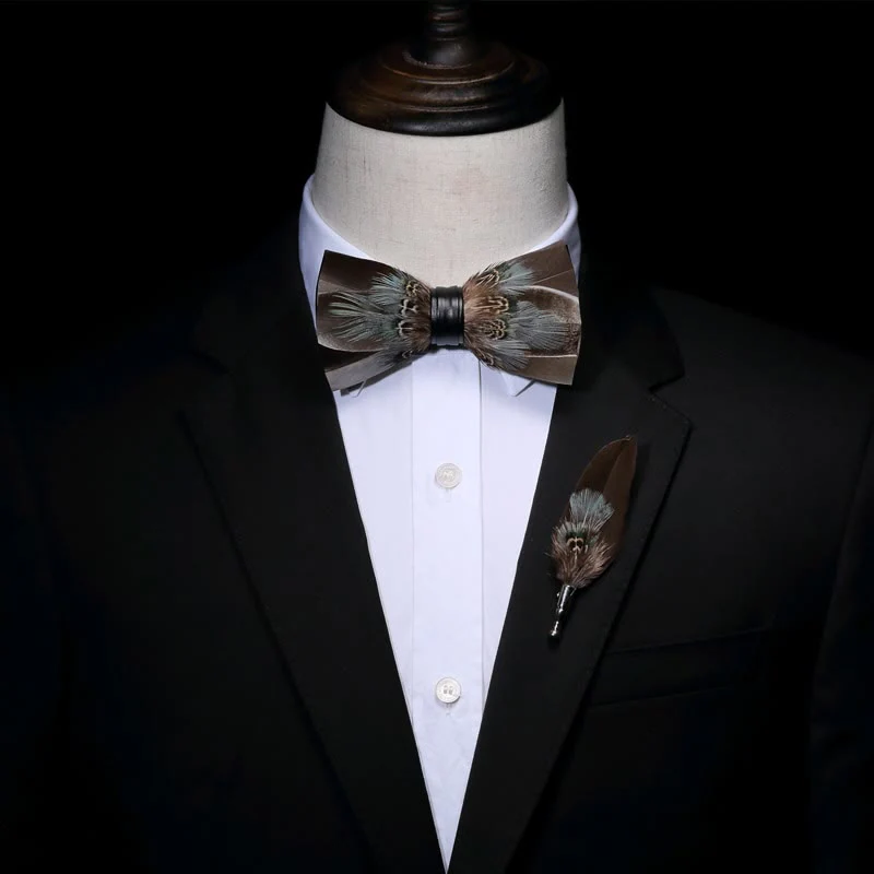 Brown Rustic Feather Bow Tie with Lapel Pin - Image 3