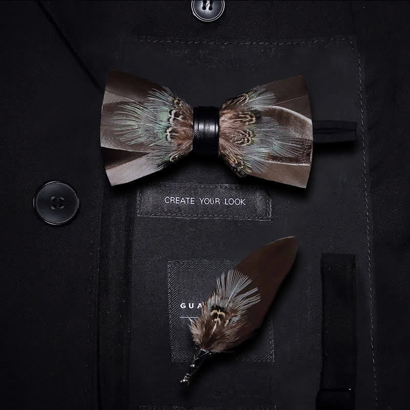 Brown Rustic Feather Bow Tie with Lapel Pin - Image 6
