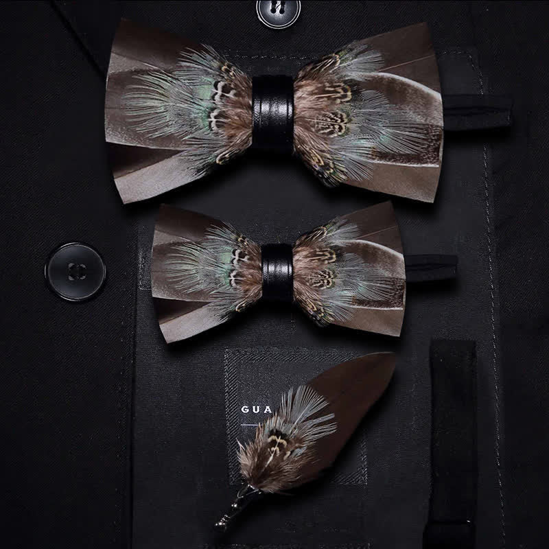 Brown Rustic Feather Bow Tie with Lapel Pin - Image 7