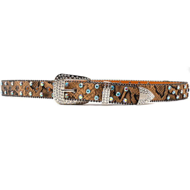 Brown Snake Pattern Sparkling Cross Rivets Leather Belt - Image 4