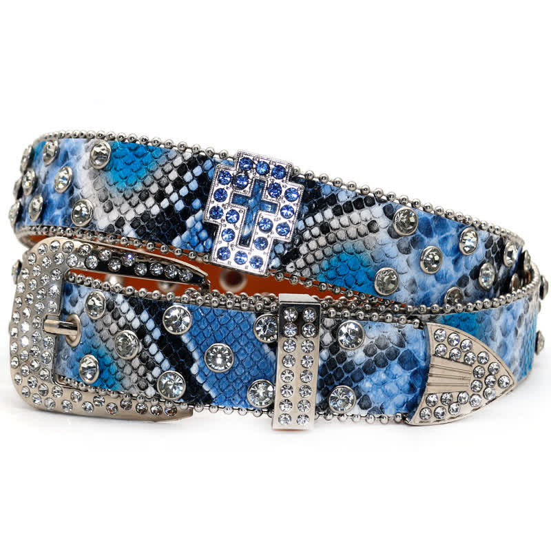 Brown Snake Pattern Sparkling Cross Rivets Leather Belt - Image 6