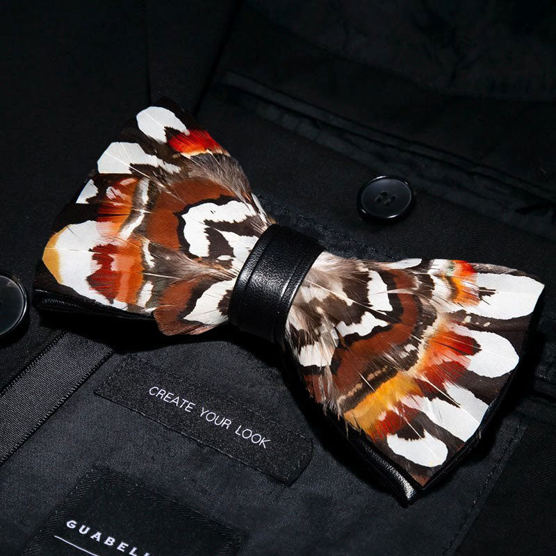 Brown & White Pheasant Feather Bow Tie with Lapel Pin - Image 2