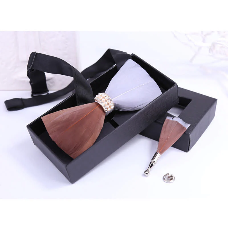 Brown & White Shiny Pearl Feather Bow Tie with Lapel Pin - Image 2