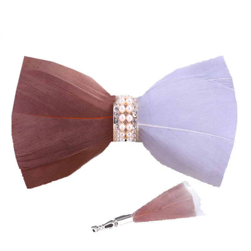 Brown & White Shiny Pearl Feather Bow Tie with Lapel Pin - Image 4