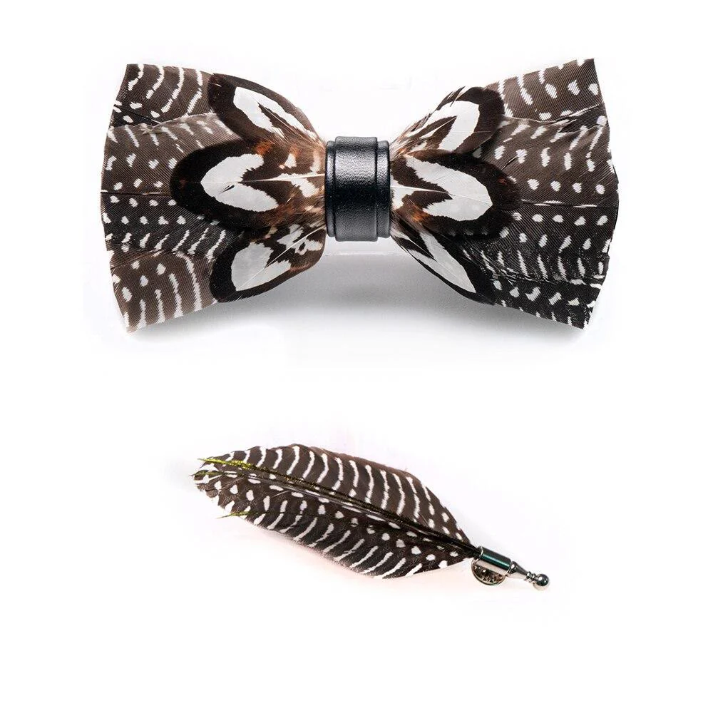 Brown & White Spots Feather Bow Tie with Lapel Pin - Image 3