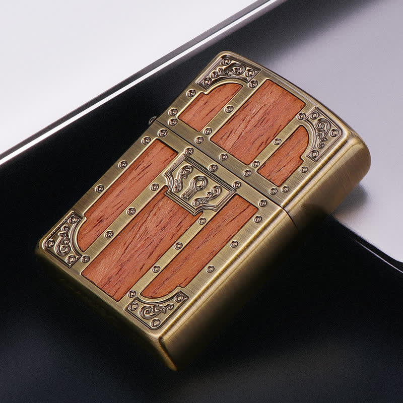 Brown Wood Ancient Door Brass Etching Refillable Kerosene Lighter - Image 4