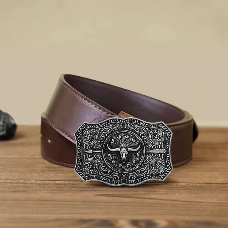 Men's DIY Long Horn Bull Arrow Buckle Leather Belt - Image 13