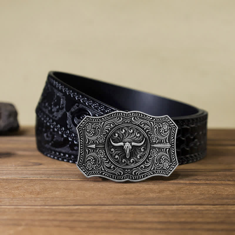 Men's DIY Long Horn Bull Arrow Buckle Leather Belt - Image 16