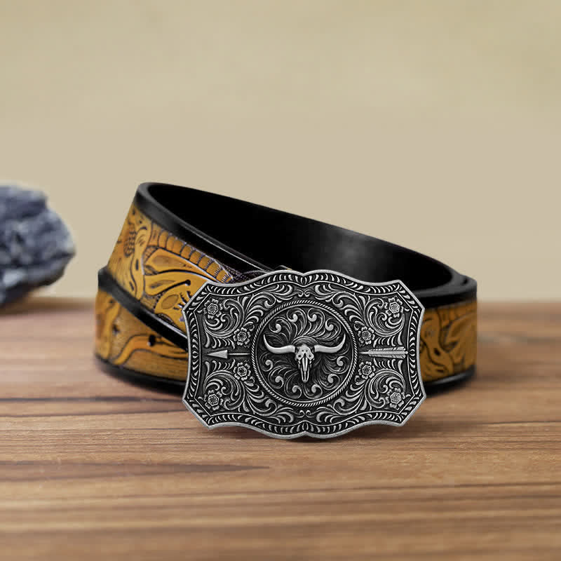 Men's DIY Long Horn Bull Arrow Buckle Leather Belt - Image 22