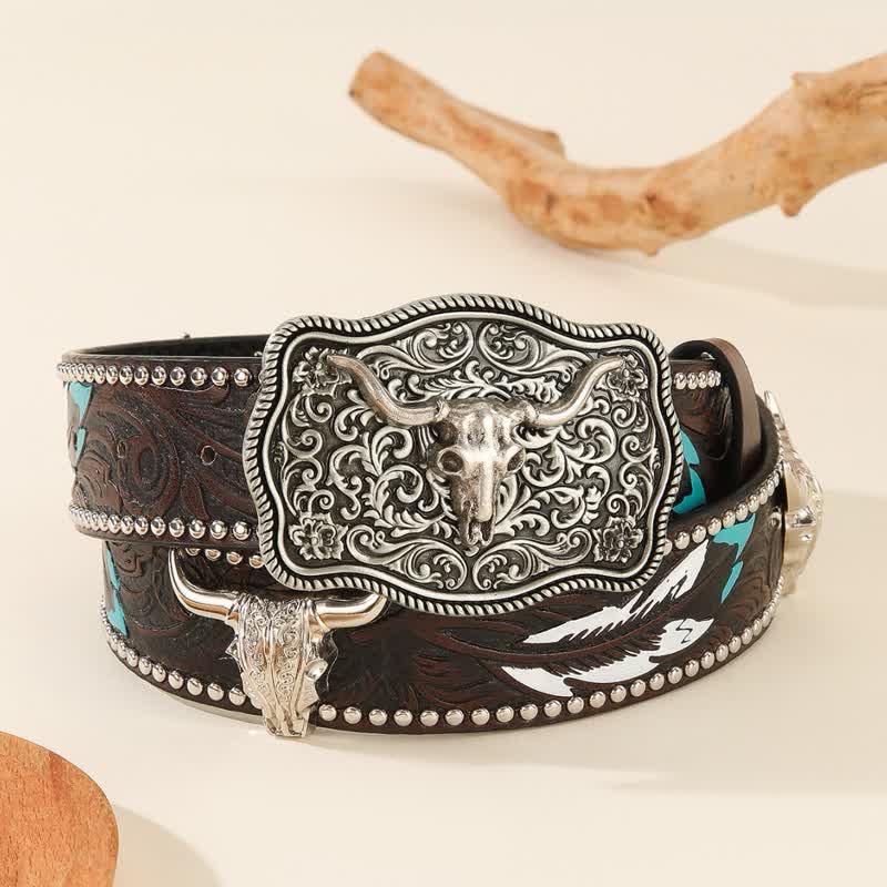 Bull-Shaped Rivet Feather Pattern Embossed Leather Belt