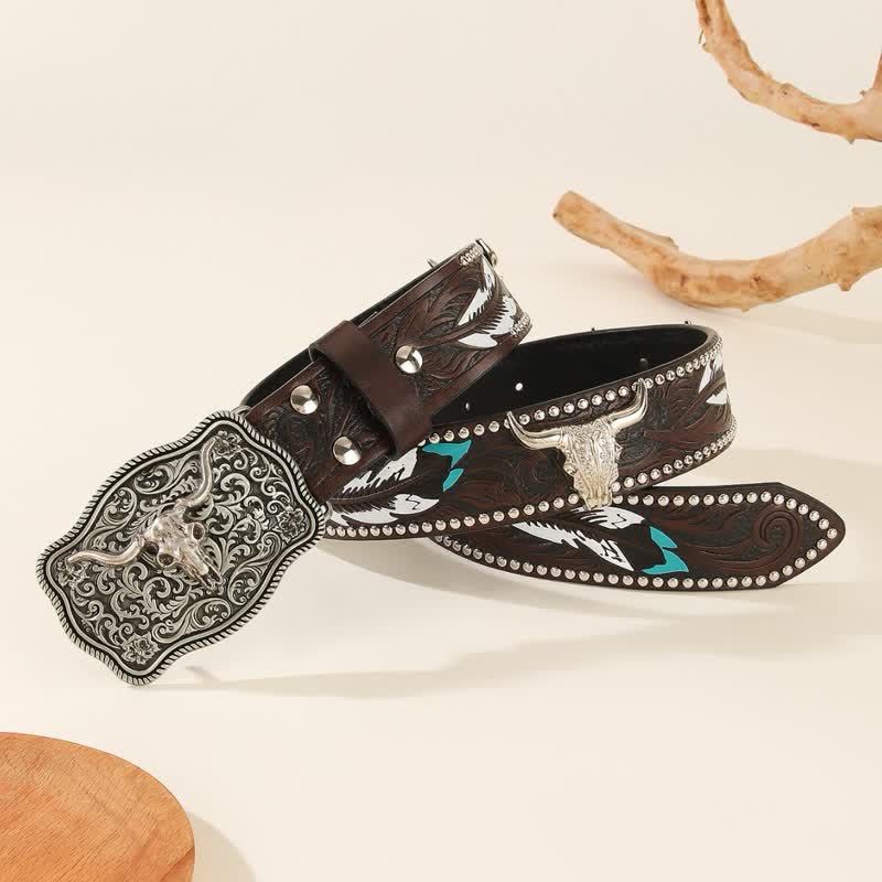 Bull-Shaped Rivet Feather Pattern Embossed Leather Belt - Image 2