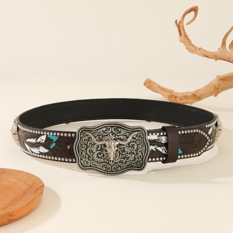 Bull-Shaped Rivet Feather Pattern Embossed Leather Belt - Image 3