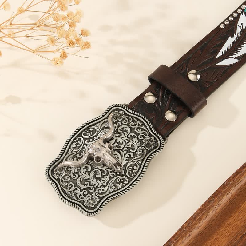 Bull-Shaped Rivet Feather Pattern Embossed Leather Belt - Image 4