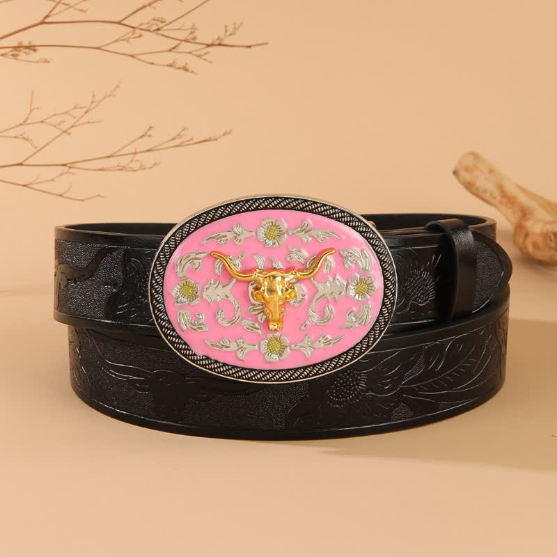 Bull Theme Pink Colored Buckle Embossed Leather Belt