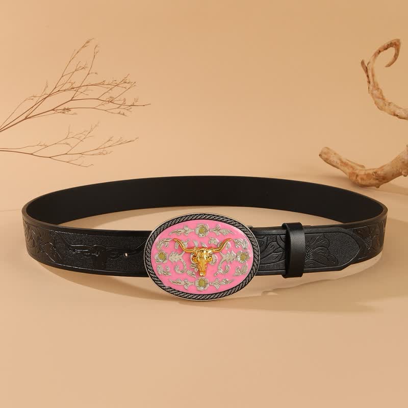 Bull Theme Pink Colored Buckle Embossed Leather Belt - Image 4