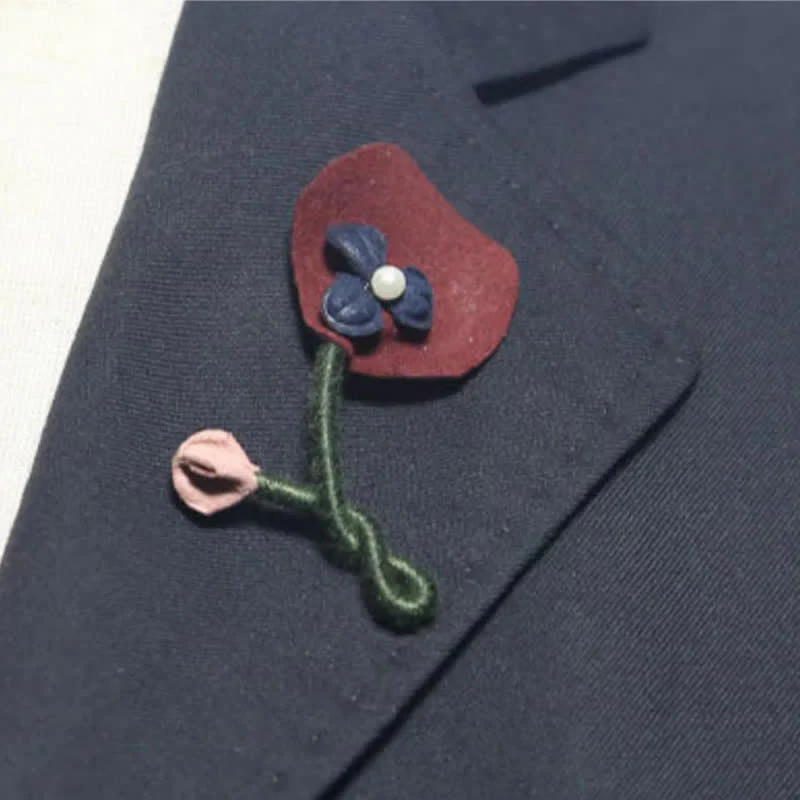 Burgundy & Blue Wedding Original Design Flower Cloth Brooch - Image 2