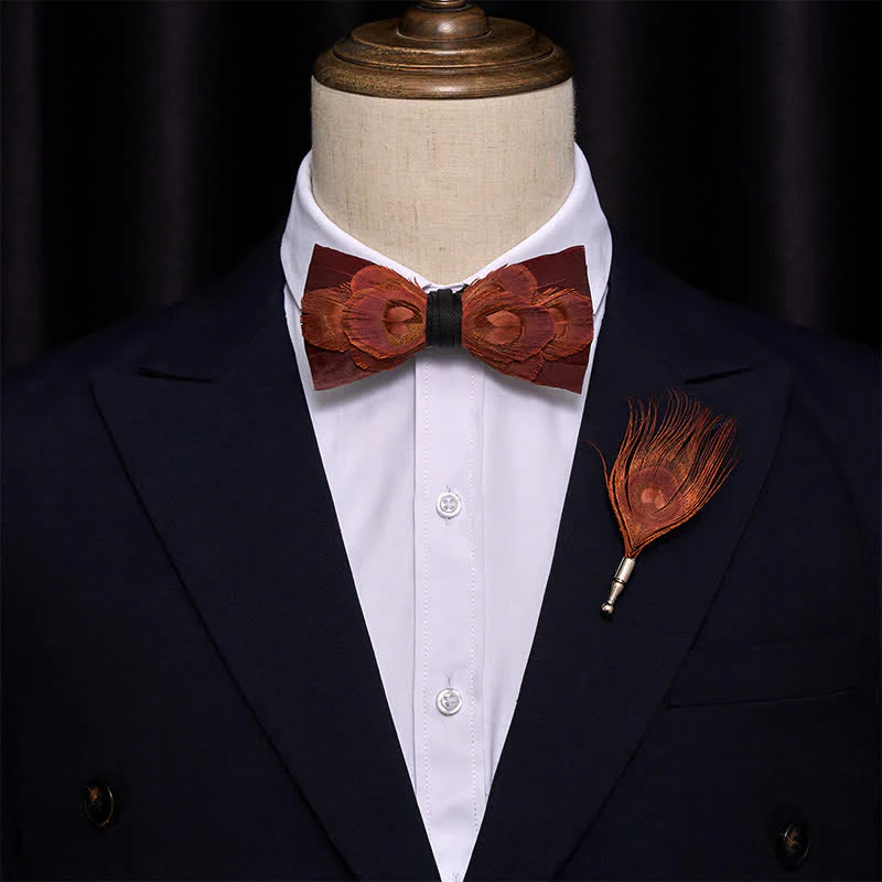 Burgundy Golden Feather Bow Tie with Lapel Pin - Image 2