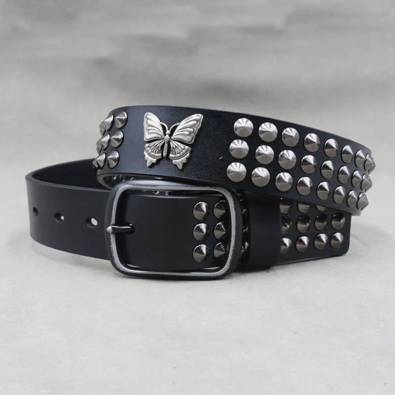 Butterfly Rivets Goth Three Rows Studded Leather Belt - Image 2