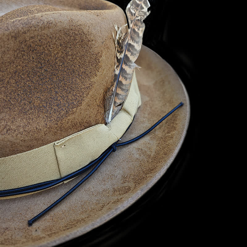 Camel Distressed Feather Decoration Felt Cowboy Hat - Image 7