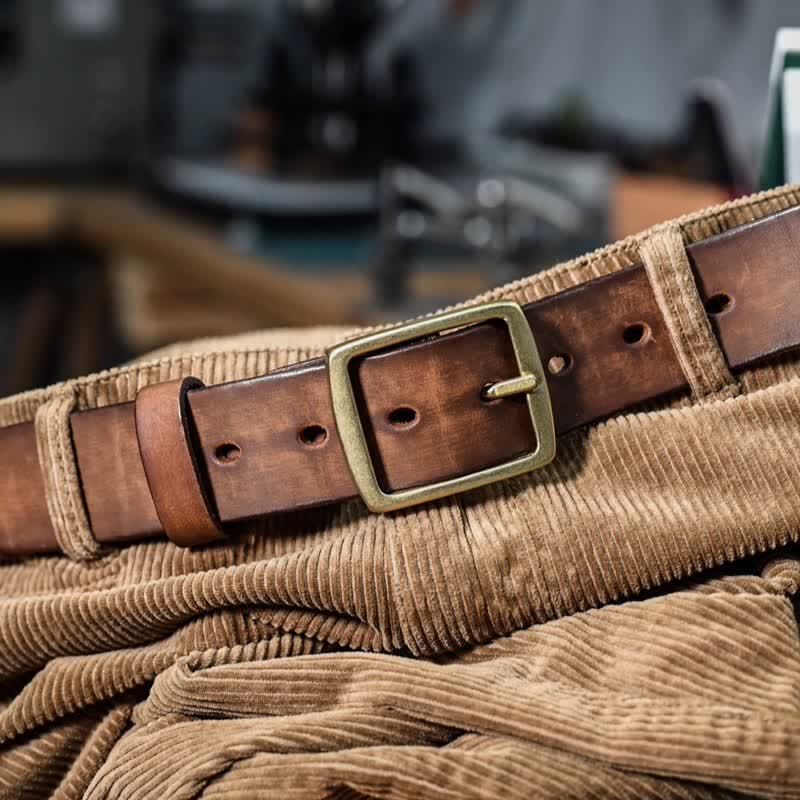 Casual Brass Buckle Hand-Made Distressed Leather Belt - Image 11