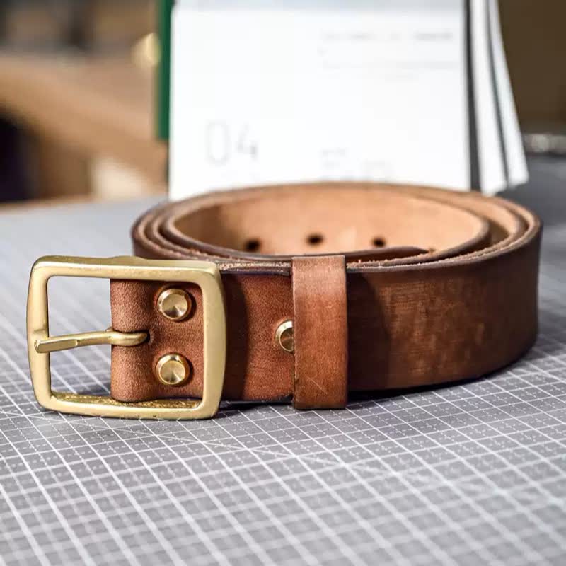 Casual Brass Buckle Hand-Made Distressed Leather Belt - Image 12