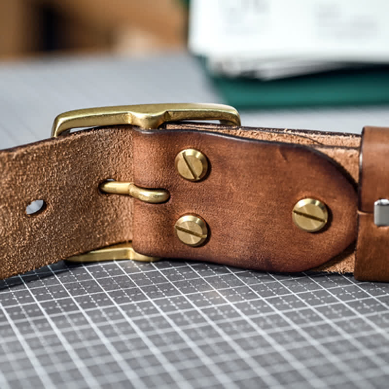 Casual Brass Buckle Hand-Made Distressed Leather Belt - Image 16