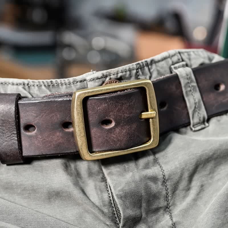 Casual Brass Buckle Hand-Made Distressed Leather Belt - Image 5
