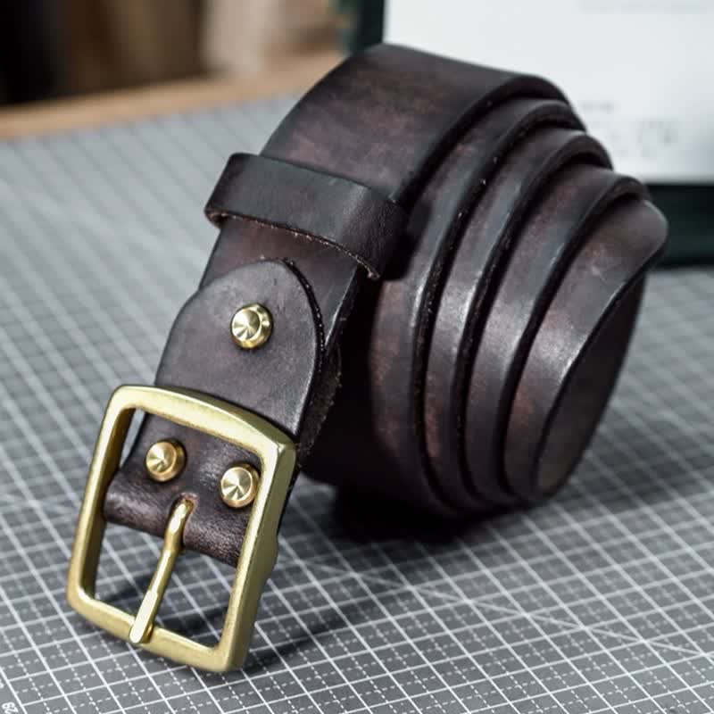 Casual Brass Buckle Hand-Made Distressed Leather Belt - Image 6