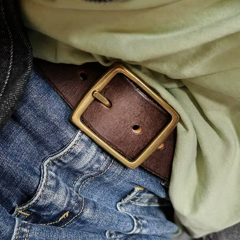 Casual Brass Buckle Hand-Made Distressed Leather Belt - Image 8