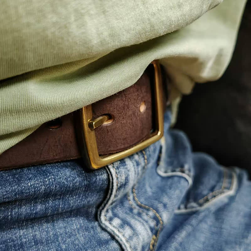 Casual Brass Buckle Hand-Made Distressed Leather Belt - Image 9