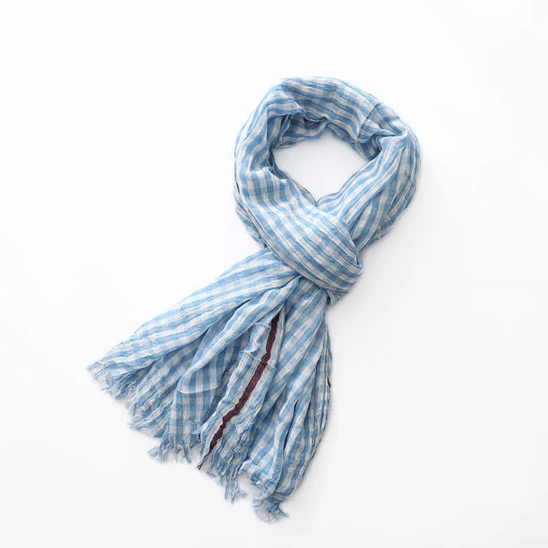 Casual Checkered Tassel Thin Cotton Linen Scarf - Image 2