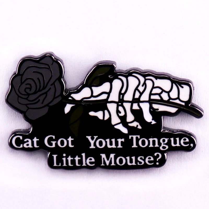 Cat Got Your Tongue Little Mouse Rose Skeleton Enamel Pin Brooch