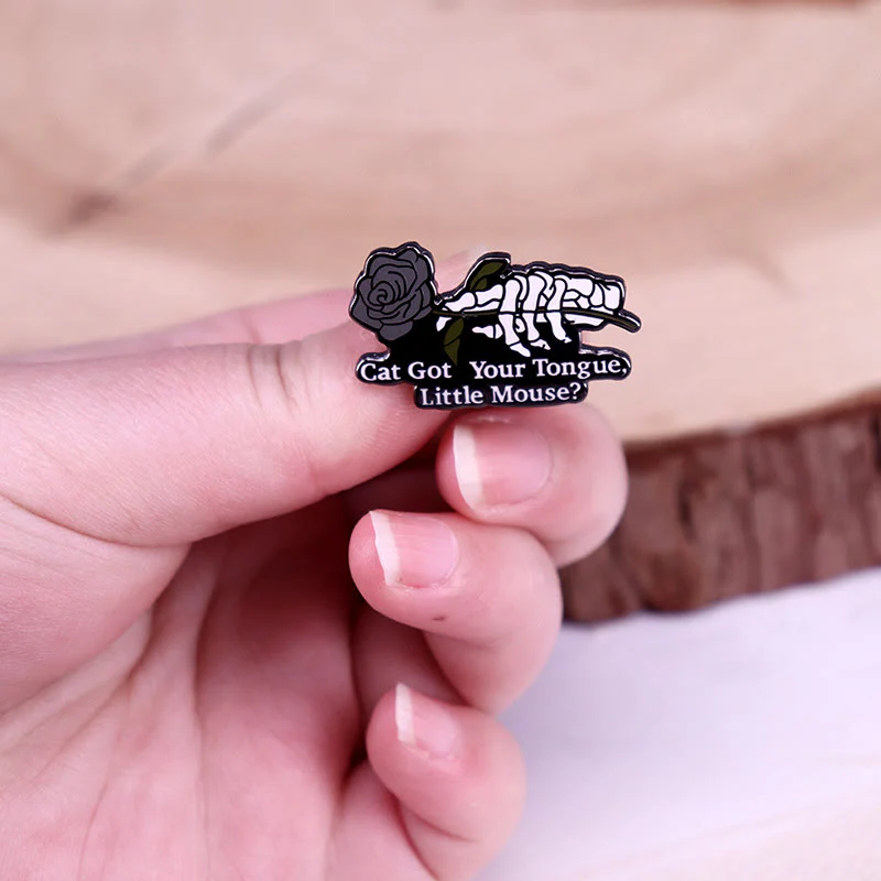 Cat Got Your Tongue Little Mouse Rose Skeleton Enamel Pin Brooch - Image 3