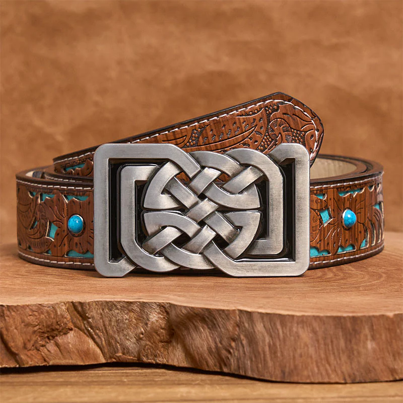 Celtic Knot Style Metal Buckle Leather Belt - Image 4