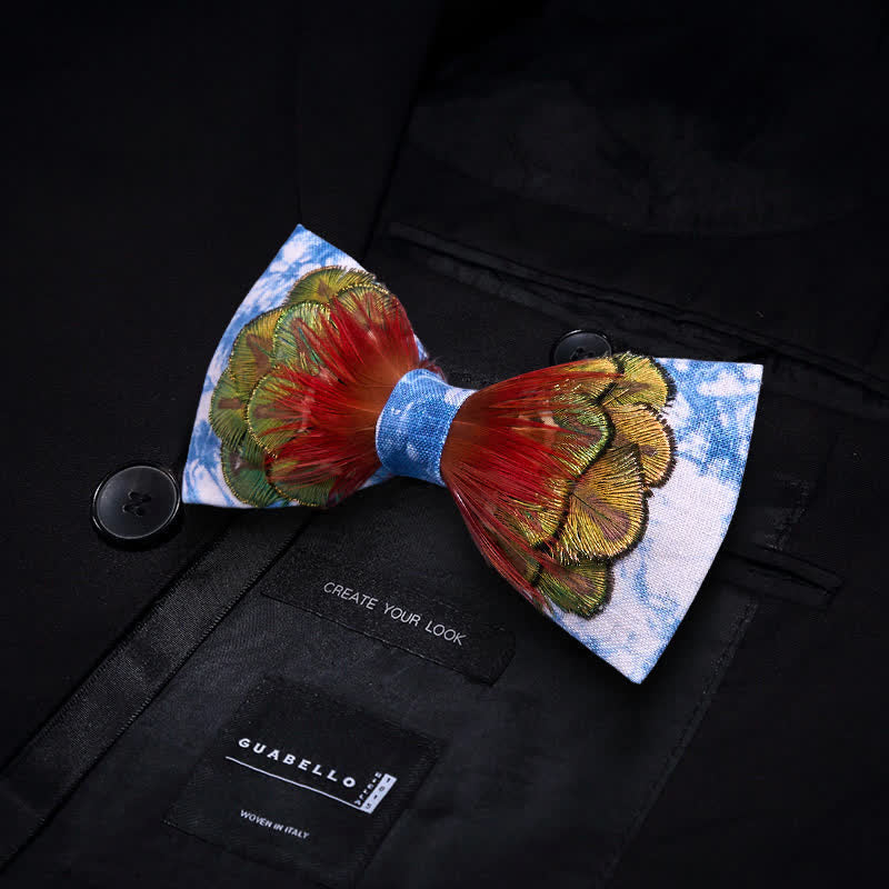 Cerulean Blue Tie-Dye Colorful Feather Bow Tie - Image 4
