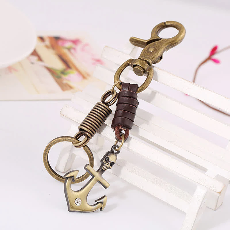 Charming Boat Anchor Skull Leather Keychain - Image 3