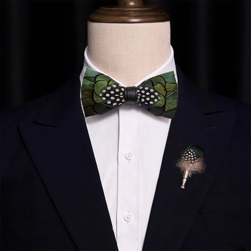 Chic Dark Green Feather Bow Tie with Lapel Pin - Image 2