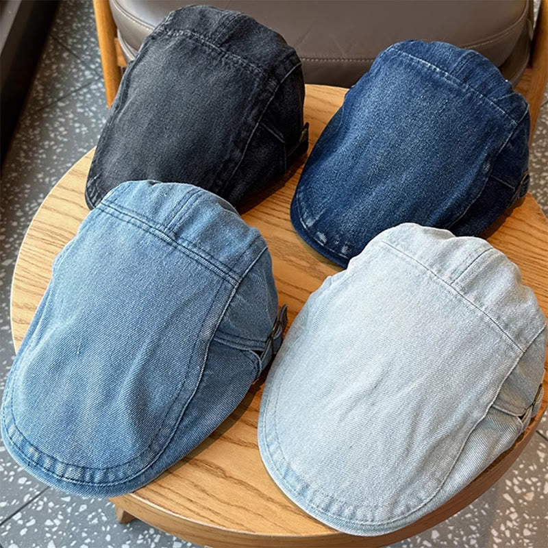 Classic Denim Adjustable Flat Cap Beret Cap - Image 2