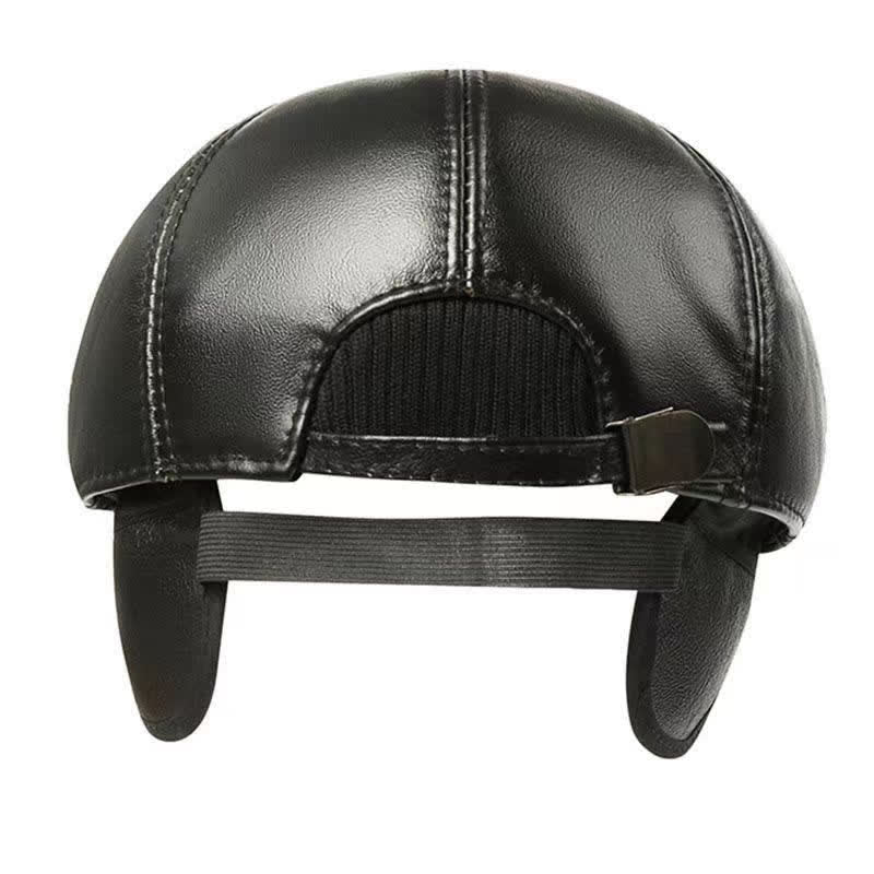 Classic Solid Color Cowhide Leather Beret Hat with Ear Flap - Image 2