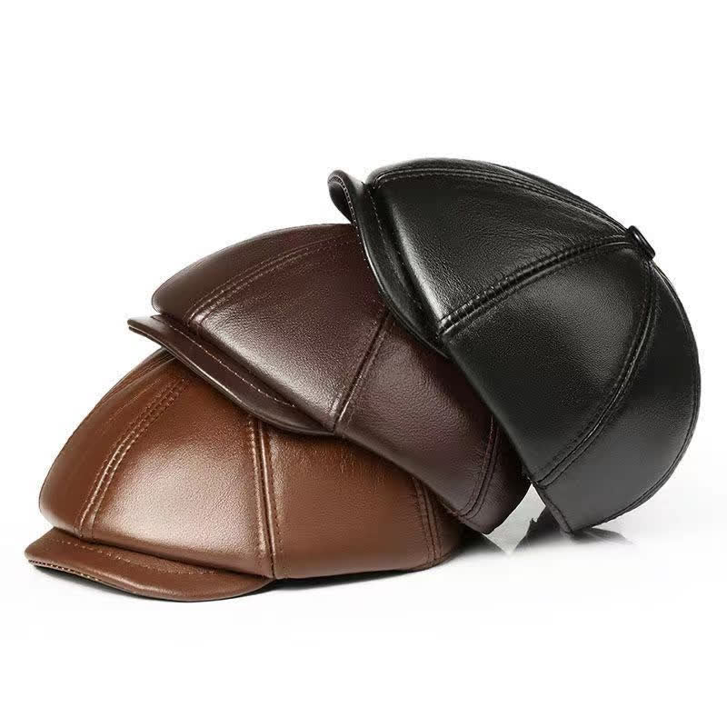 Classic Solid Color Cowhide Leather Beret Hat with Ear Flap - Image 3