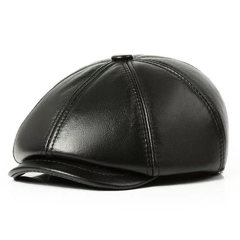 Classic Solid Color Cowhide Leather Beret Hat with Ear Flap - Image 4