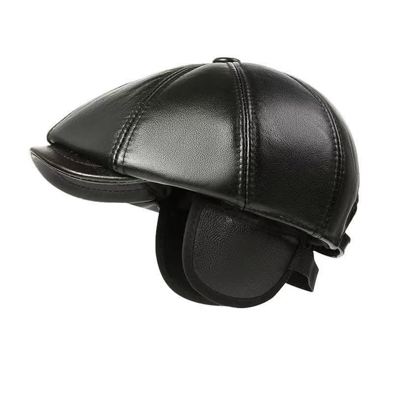 Classic Solid Color Cowhide Leather Beret Hat with Ear Flap - Image 5