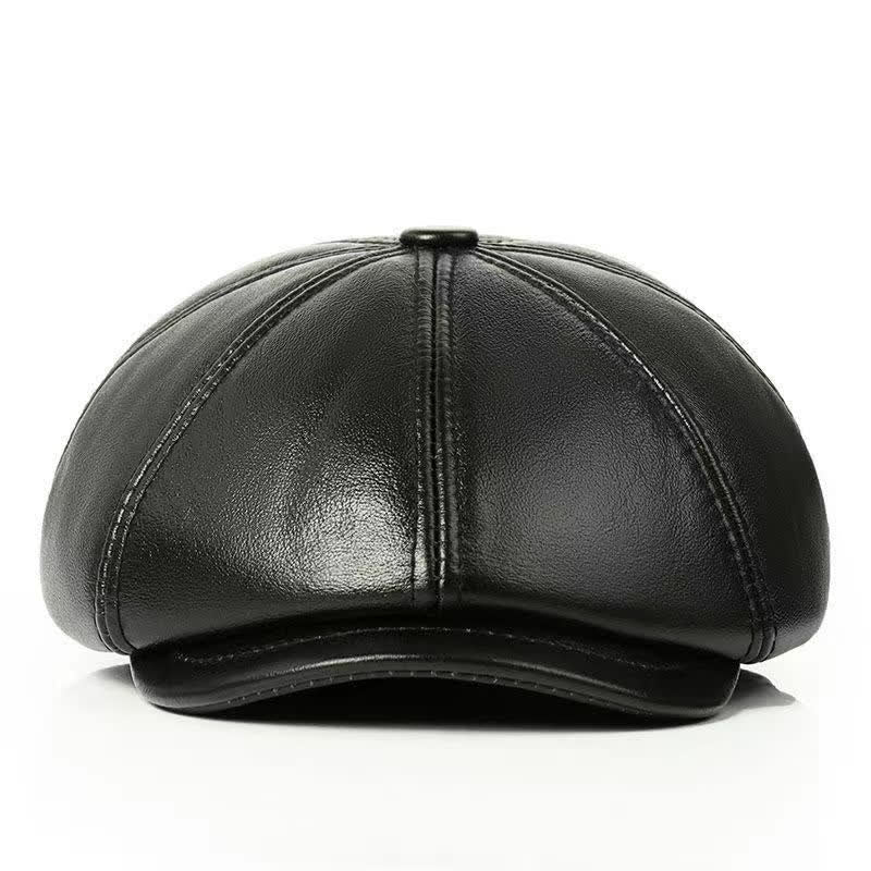Classic Solid Color Cowhide Leather Beret Hat with Ear Flap - Image 6