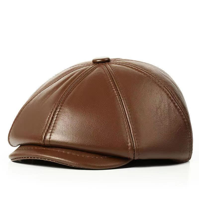 Classic Solid Color Cowhide Leather Beret Hat with Ear Flap - Image 7
