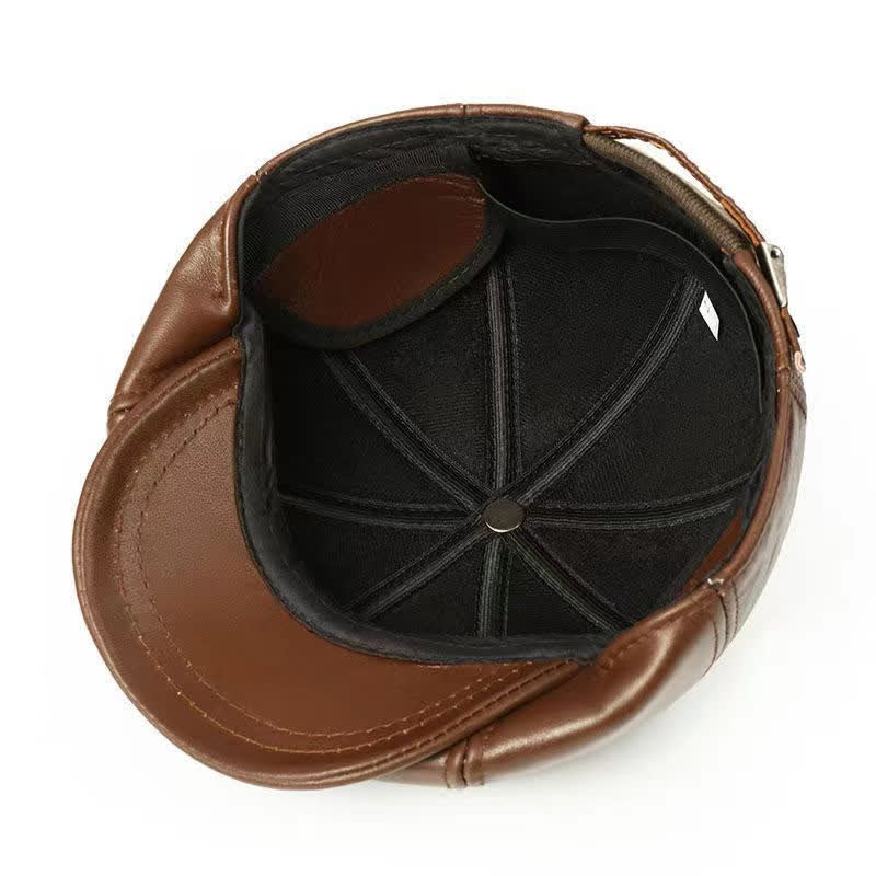 Classic Solid Color Cowhide Leather Beret Hat with Ear Flap - Image 8