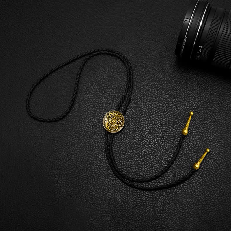 Classic Trendy Round Carved Flower Bolo Tie - Image 3