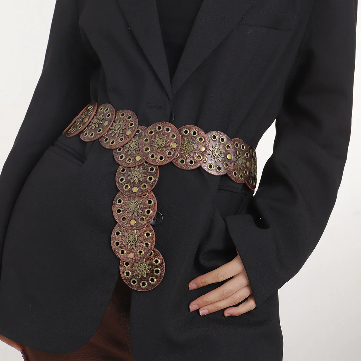 Coffee Colored Retro Street Hollow Circular Women's Leather Belt
