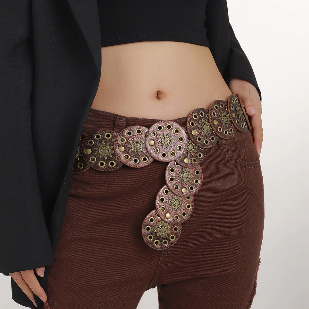 Coffee Colored Retro Street Hollow Circular Women's Leather Belt - Image 2