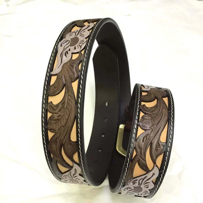 Coffee & White Flower Western Style Carved Leather Belt - Image 5